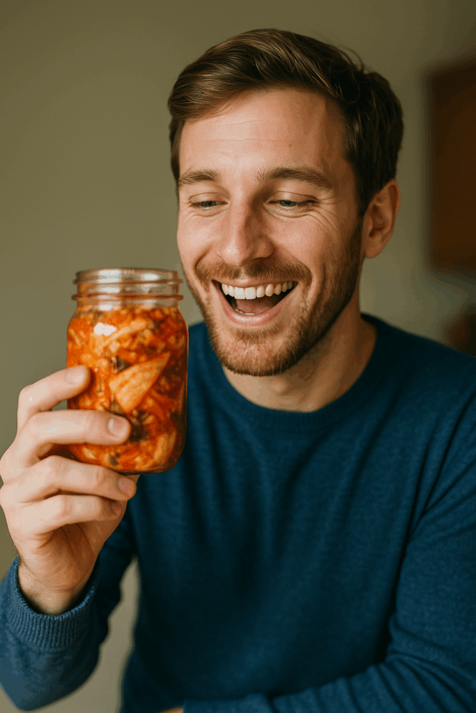 A smiling Caucasian man in his 30s proudly holding a jar of Kimchi, symbolizing the growing global appreciation for Korean cuisine