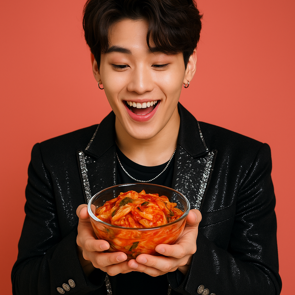 A young  Koean man dressed in a sparkling black jacket smiles brightly while holding a bowl of Kimchi, symbolizing the global popularity of Korean pop culture and cuisine