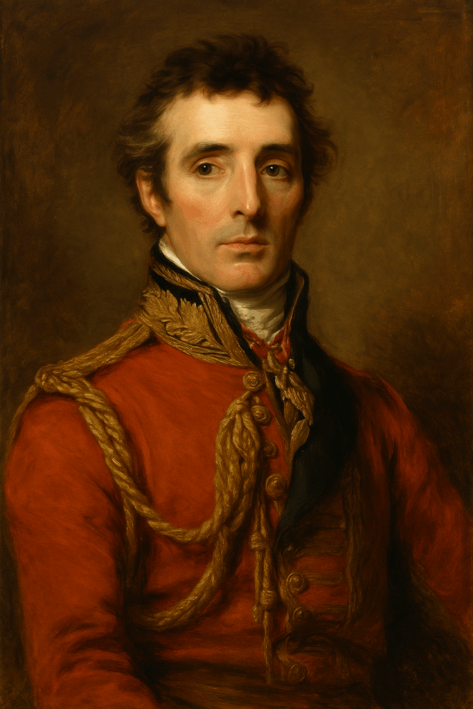a portrait of Arthur Wellesley wearing the red color uniform