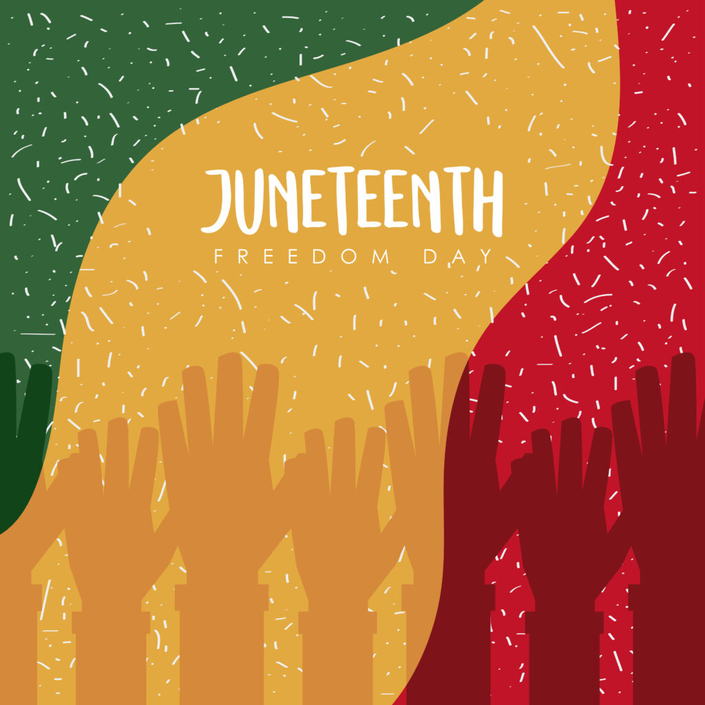 Illustration of raised hands in Pan-African colors with 'Juneteenth Freedom Day' text — symbolizing liberation, unity, and celebration.
