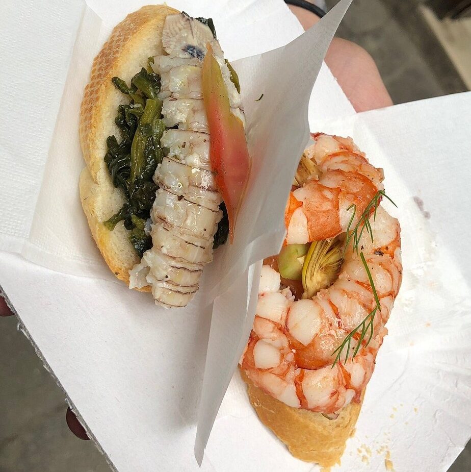 Venetian cicchetti with mantis shrimp and prawns(sea cicadas) on crusty bread