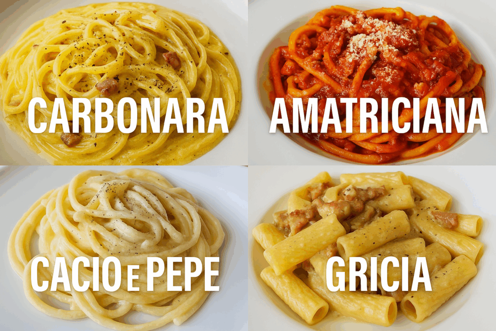 A four-panel image displaying Rome’s signature pasta dishes: Carbonara, Amatriciana, Cacio e Pepe, and Gricia, each labeled and photographed in close-up on white plates