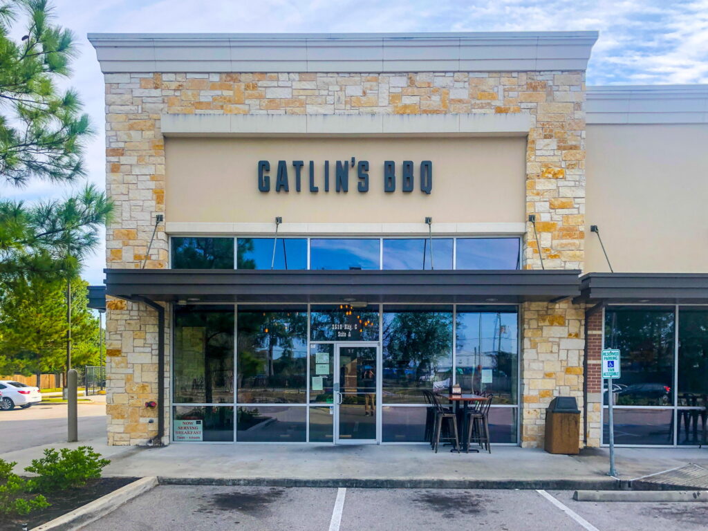 Front entrance of Gatlin’s BBQ in Houston, Texas — a family-run restaurant featured in High on the Hog for its traditional barbecue.