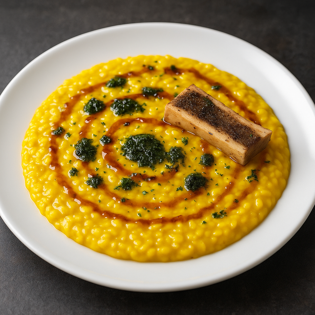 A vibrant plate of golden saffron risotto alla milanese, artfully swirled with rich brown sauce and herb oil, topped with a roasted bone marrow segment in Stanley Tucci’s Italian food journey.