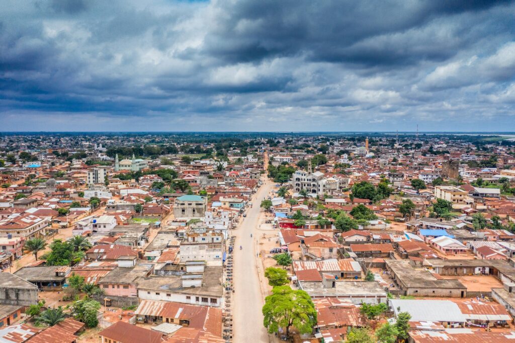 Aerial view of Porto-Novo, the capital of Benin — a cultural hub known for its vibrant markets, Afro-Brazilian architecture, and culinary traditions featured in High on the Hog.