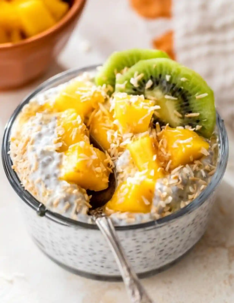 A creamy chia seed pudding topped with fresh mango, kiwi, and shredded coconut in a clear glass bowl.