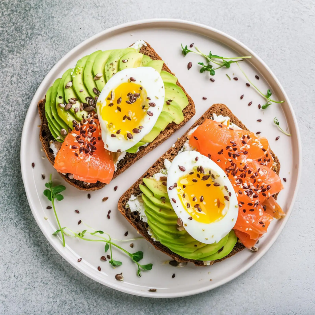 Two slices of whole grain toast topped with avocado, smoked salmon, soft-boiled egg, and flax seeds on a round white plate.