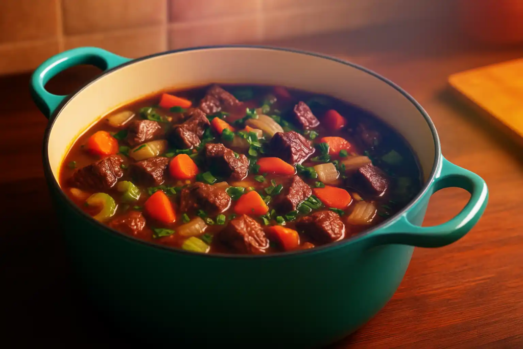 A turquoise pot filled with slow-simmered beef stew, echoing Pollan’s memory of flavor, care, and transformation.