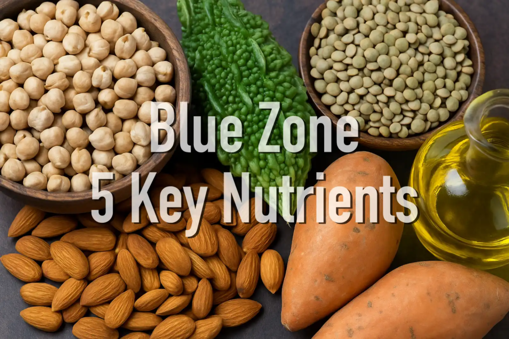 A collage of six Blue Zone foods—chickpeas, almonds, olive oil, bitter melon, lentils, and sweet potatoes—with the text “Blue Zone 5 Key Nutrients” overlayed.