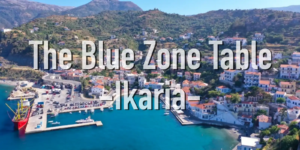 A scenic aerial view of a coastal village in Ikaria, Greece, with red-roofed houses, mountains in the background, and turquoise water in the harbor.