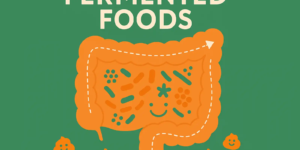 Illustration of a healthy colon filled with probiotics from fermented foods, promoting gut movement and digestion.