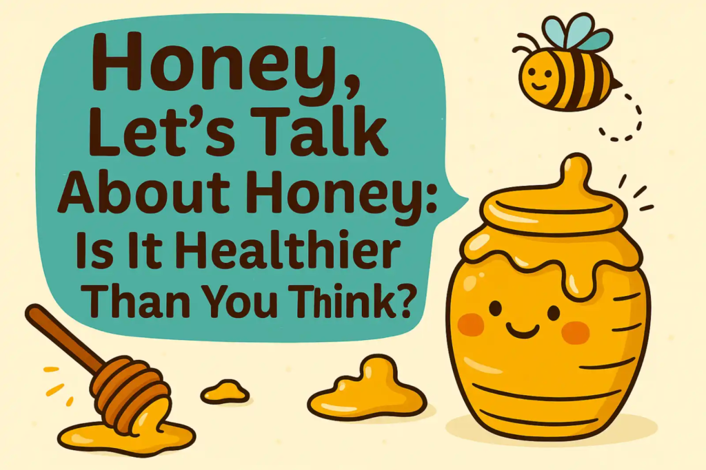 Playful cartoon-style illustration of a smiling honey jar with a quote bubble that says “Honey, Let’s Talk About Honey: Is It Healthier Than You Think?”, representing the health benefits of honey.