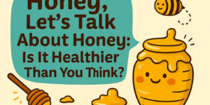 Cute cartoon-style honey jar with speech bubble that says “Honey, Let’s Talk About Honey: Is It Healthier Than You Think?”, accompanied by a bee and honey dipper.