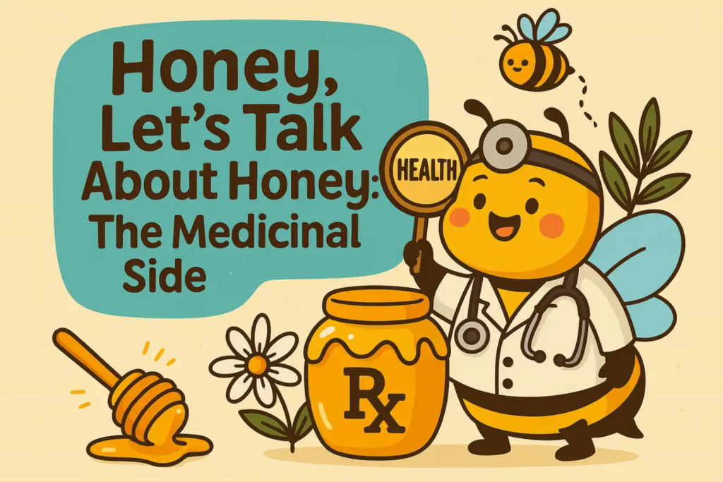 Colorful illustration of a doctor bee holding a magnifier labeled "HEALTH" next to a honey jar marked RX, symbolizing the medicinal health benefits of honey.