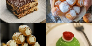 Four traditional Italian desserts—tiramisu, zeppole, cannoli, and cassata—featured in Netflix's Nonnas, arranged in a 4-tile collage.