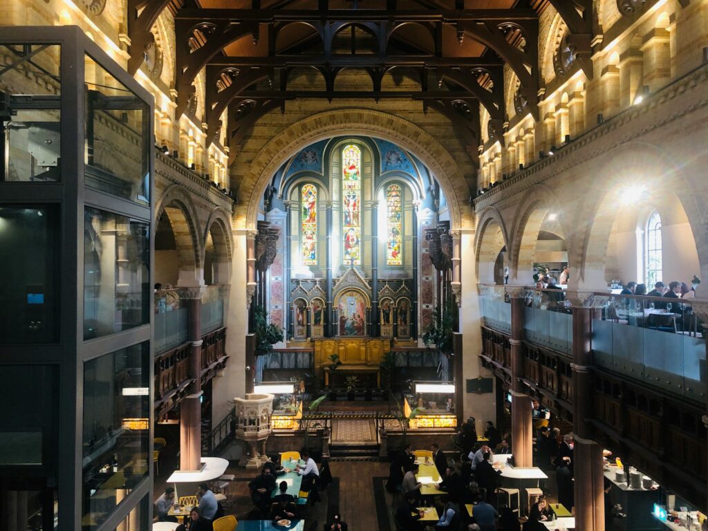 Interior of Mercato Mayfair, an Italian food hall inside a converted church in London, featured in Stanley Tucci Searching for Italy Season 2 Episode 4.