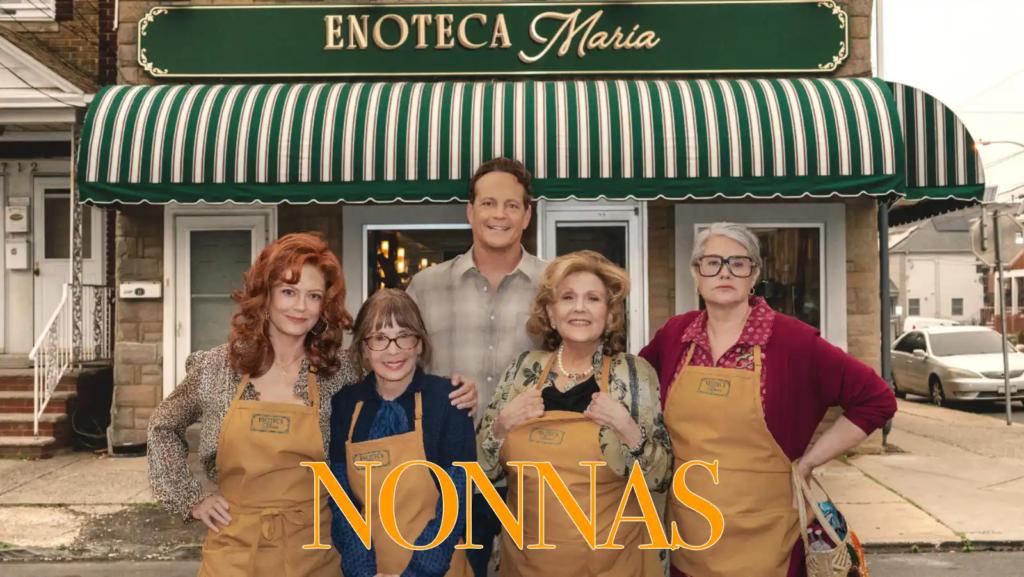 Cast of movie Nonnas standing in front of Enoteca Maria on Staten Island