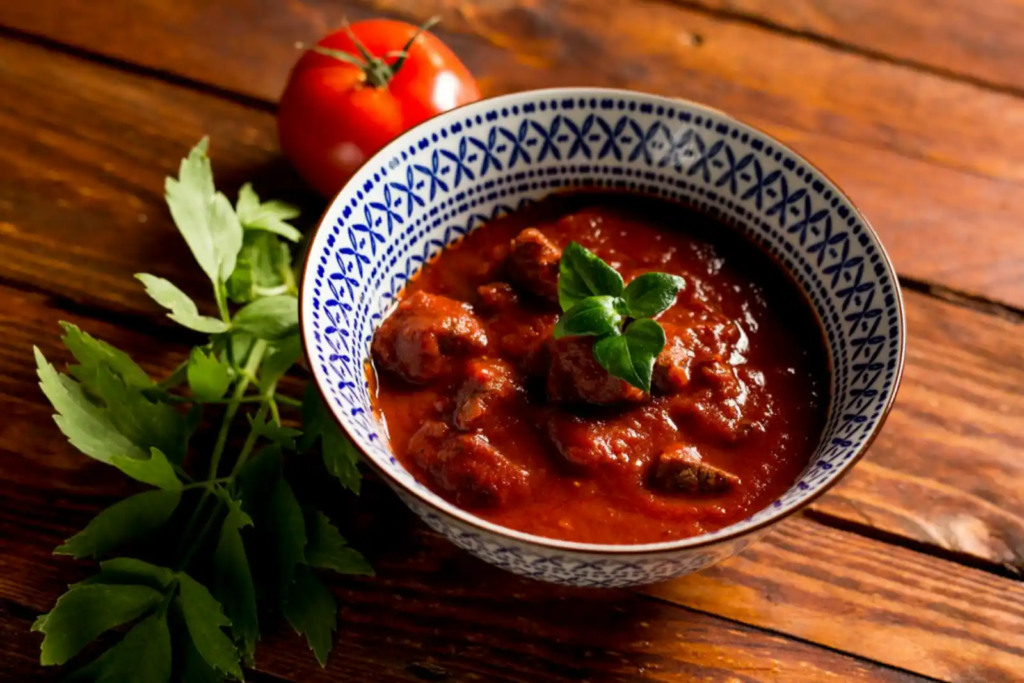 A bowl of Sunday Gravy, rich in tomato sauce and meat, garnished with herbs, sitting on a wooden table beside fresh parsley and tomatoes.