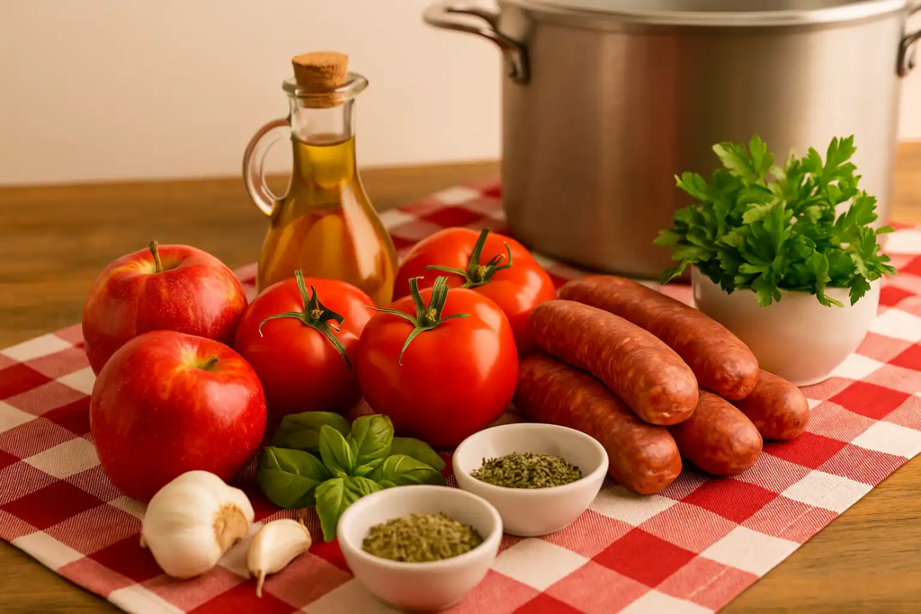 Ingredients for Sunday Gravy—including red apples, tomatoes, Italian sausage, herbs, garlic, and olive oil—arranged on a red checkered tablecloth with a cooking pot in the background.