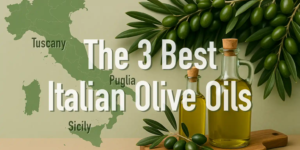 A stylized map of Italy highlighting Tuscany, Puglia, and Sicily, paired with olive branches and two glass bottles of olive oil on a wooden board.