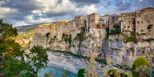 Historic cliffside buildings overlooking the beach in Tropea, Calabria, Italy