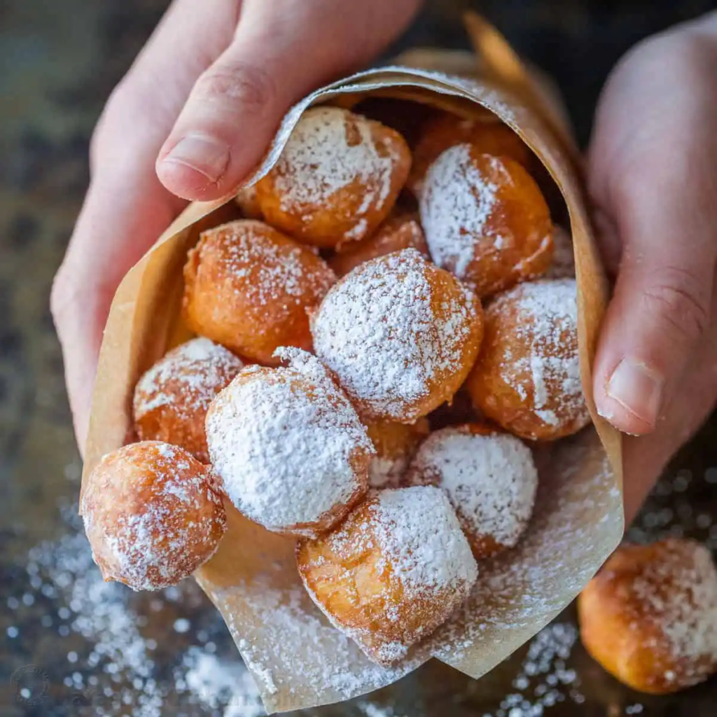 A bundle of fried zeppole dough balls covered in powdered sugar, held in brown parchment paper.