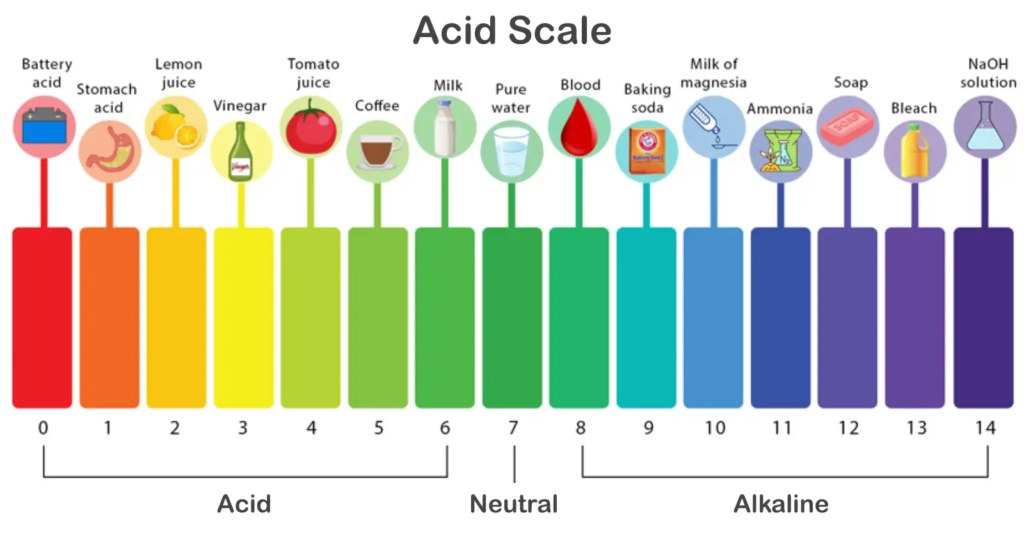 A colorful 14-block acid scale chart ranging from red (acidic) to purple (alkaline), labeled with various substances such as lemon juice, coffee, and baking soda, each connected with lines and small icons.