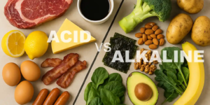 Acidic vs alkaline foods comparison: left side steak, coffee, cheese, eggs, bacon, sausage, lemons; right side broccoli, seaweed, potatoes, almonds, walnuts, spinach, kale, banana, avocado, split by a diagonal line.