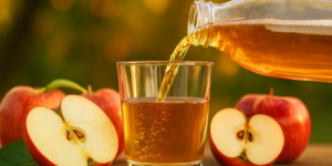 Apple cider poured from a glass bottle into a tumbler, with halved apples and soft orchard bokeh.