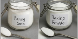 Baking Soda vs Baking Powder — two labeled glass jars with spoons on a gray surface for side-by-side comparison.