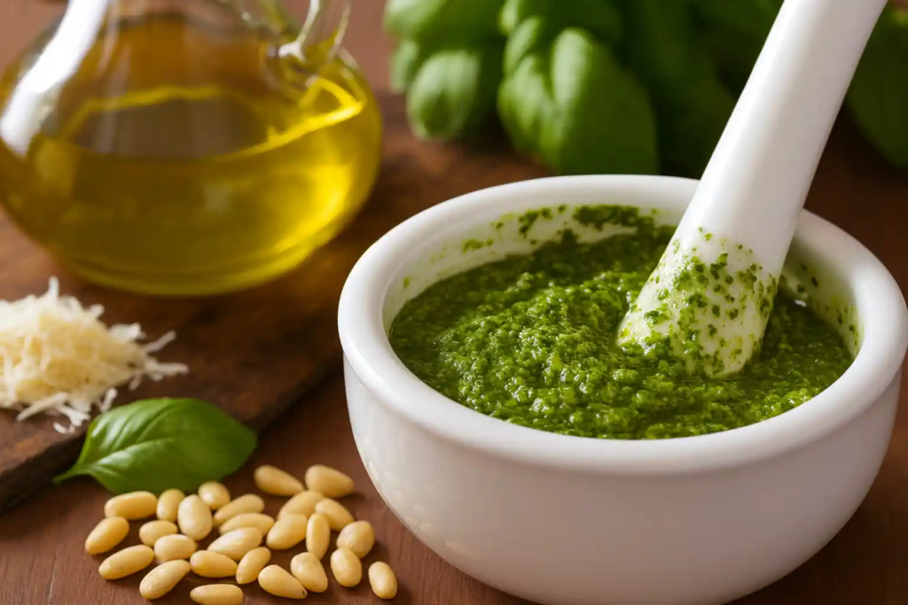 Fresh basil pesto in a white mortar with pine nuts, Parmesan cheese, and olive oil on a wooden table.