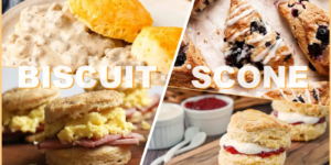 Biscuit vs Scone collage—Southern biscuits with gravy and breakfast sandwich, and British scones with jam and glaze