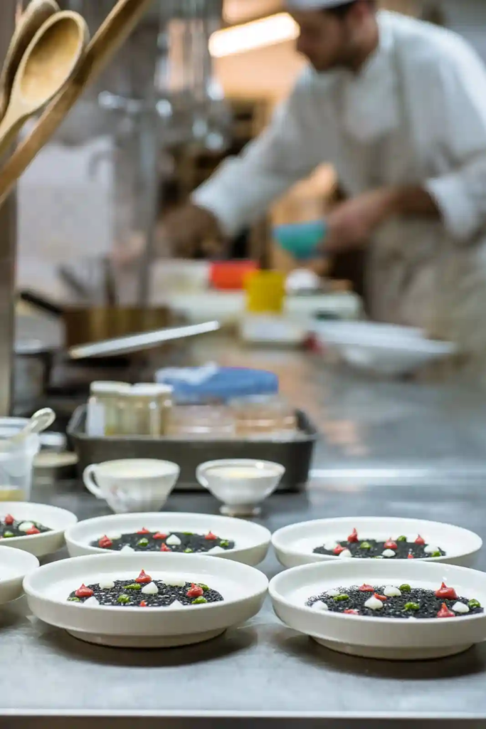 Close-up of plated gourmet dish featuring blackened pizza crust with colorful garnishes in a professional kitchen.