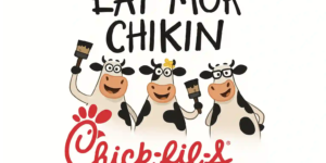 Three cartoon cows with paintbrushes under “EAT MOR CHIKIN” above the Chick-fil-A logo.