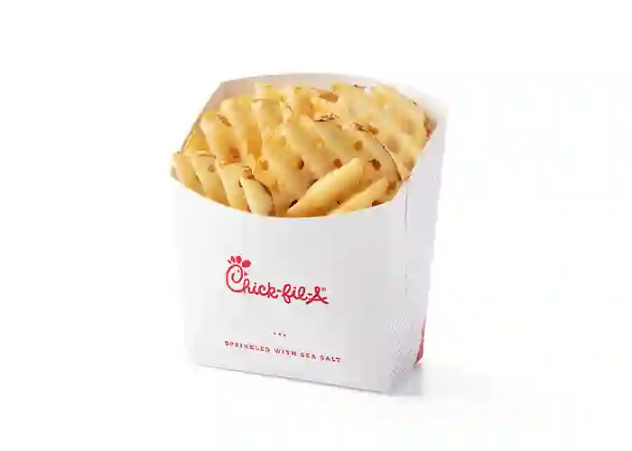 Chick-fil-A Waffle Potato Fries in a white carton, lightly salted.