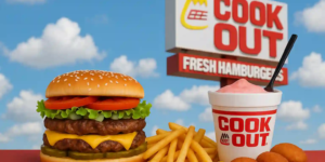 Cook Out highway sign against a bright blue sky, with a double cheeseburger, fries, hushpuppies, and a pink milkshake in a branded cup.