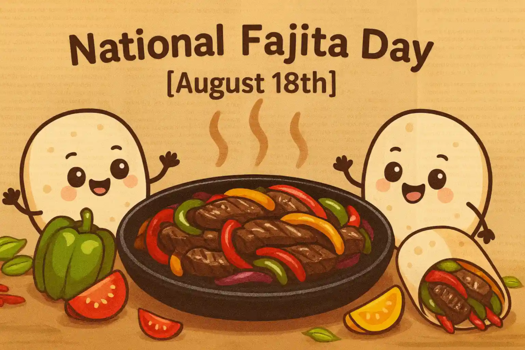 Cute cartoon tortillas smiling around a sizzling skillet of fajitas with colorful peppers.