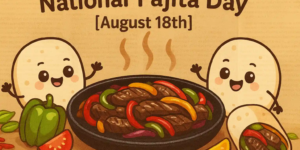 Cute cartoon tortillas smiling around a sizzling skillet of fajitas with colorful peppers.