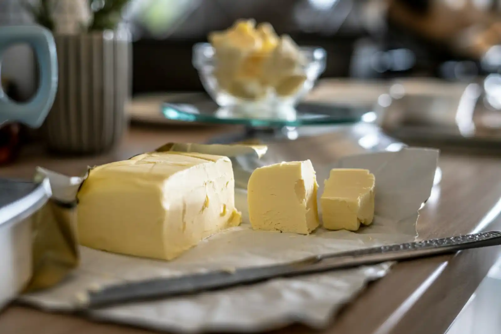 Slices of butter on parchment paper with a butter knife, ready for cooking or baking.