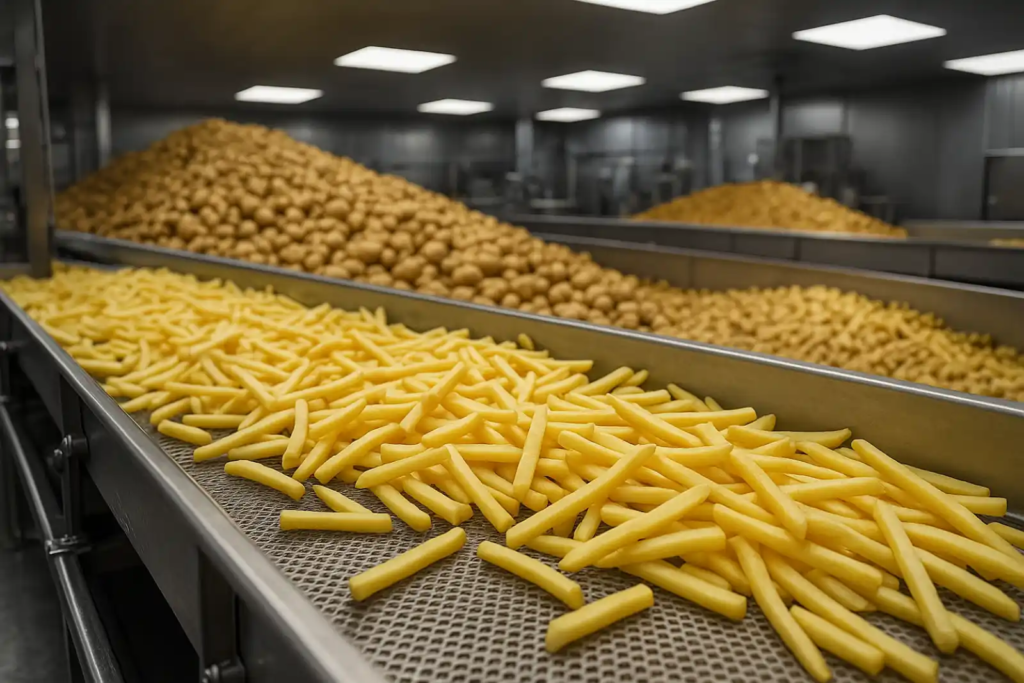 A high-resolution photo of French fries being processed on a conveyor belt in a factory, with mounds of raw potatoes in the background.
