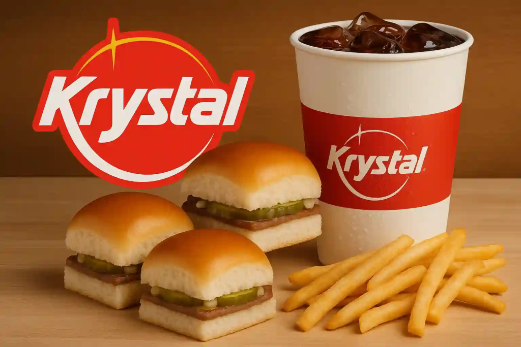 Krystal sliders with pickles and onions, fries, and an iced drink on a wooden surface, with the red Krystal logo.