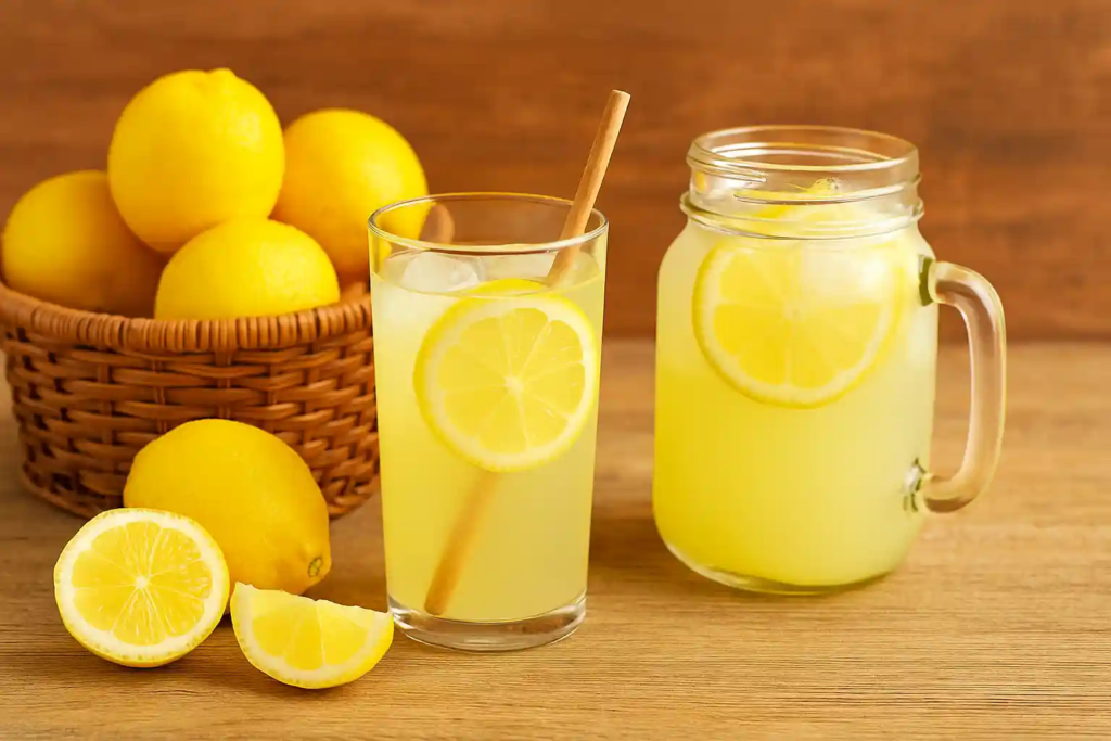 A glass and a mason jar filled with lemonade, ice cubes, and lemon slices, with a basket of lemons in the background.