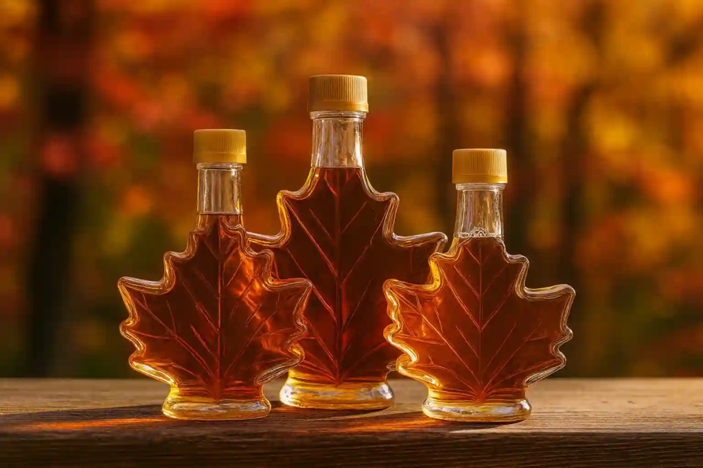 Leaf-shaped glass bottles of Grade A maple syrup on a wooden ledge with soft fall foliage in the background.