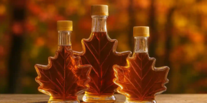 Leaf-shaped glass bottles of Grade A maple syrup on a wooden ledge with soft fall foliage in the background.