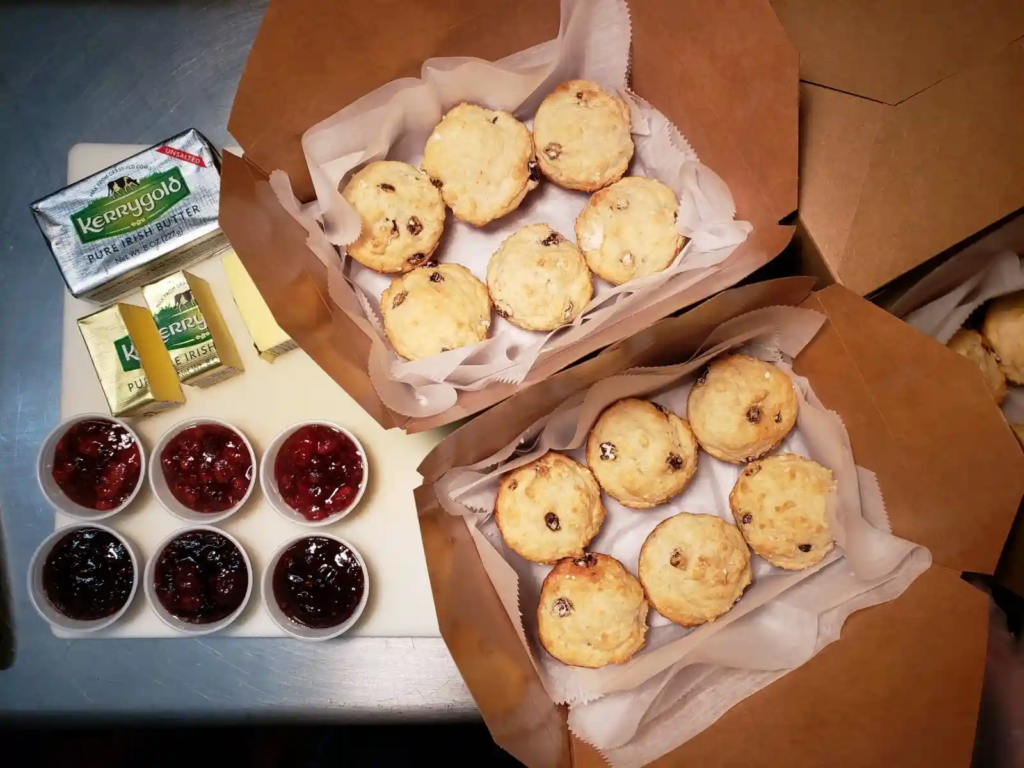 Mary O’s Irish soda-bread scones packed in boxes with Kerrygold butter and cups of house berry jam, New York City