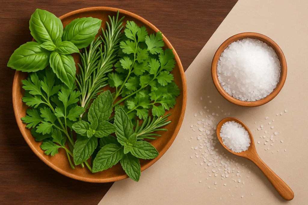 A diagonal split image showing fresh herbs piled on a wooden plate on the left (basil, rosemary, parsley, cilantro, mint, oregano) and a wooden bowl of salt with a spoon and scattered grains on the right.