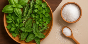 A diagonal split image showing fresh herbs piled on a wooden plate on the left (basil, rosemary, parsley, cilantro, mint, oregano) and a wooden bowl of salt with a spoon and scattered grains on the right.