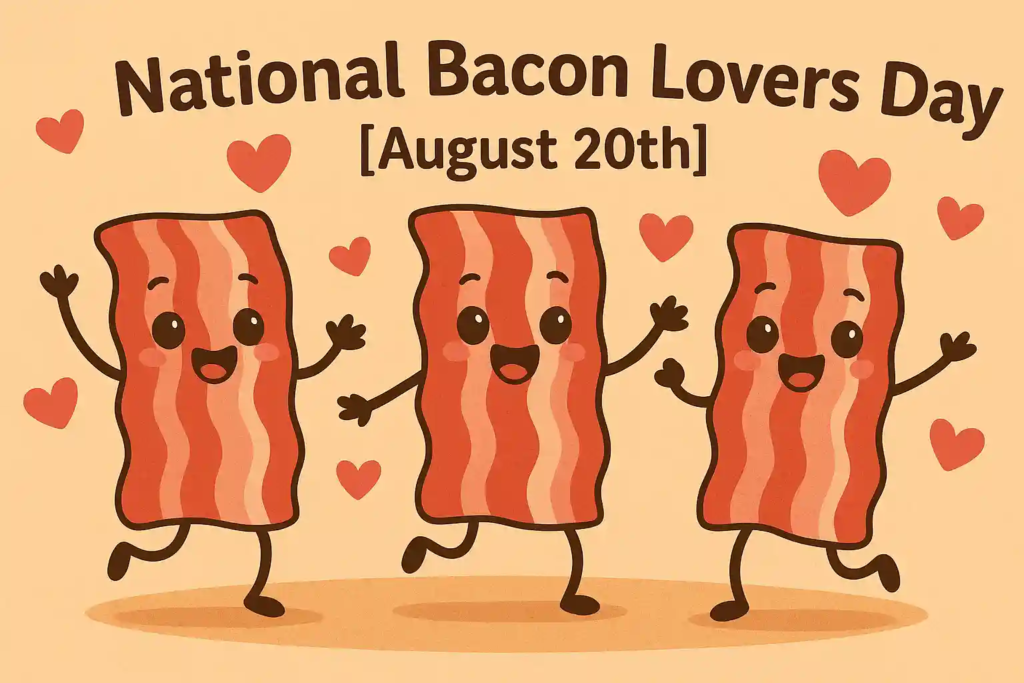 Cute cartoon bacon strips with smiling faces dancing under hearts for National Bacon Lovers Day.