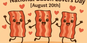 Cute cartoon bacon strips with smiling faces dancing under hearts for National Bacon Lovers Day.