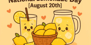 Cute cartoon-style illustration of smiling lemons, a lemonade glass, and a jar with the text “National Lemonade Day [August 20th].”